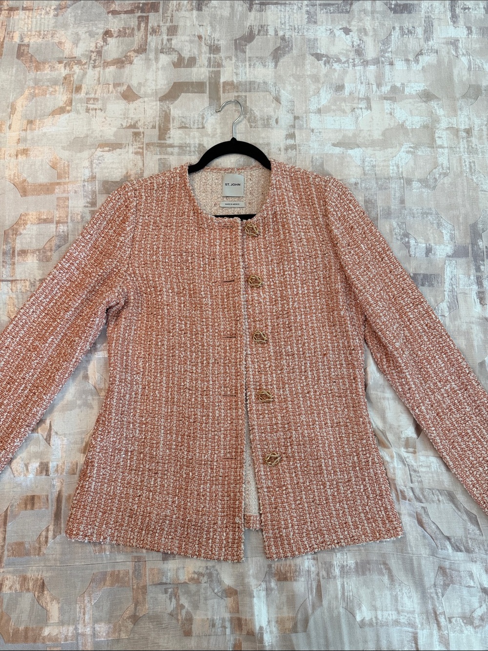 St. John Collection Peach and Cream Tweed Metallic Collarless Blazer